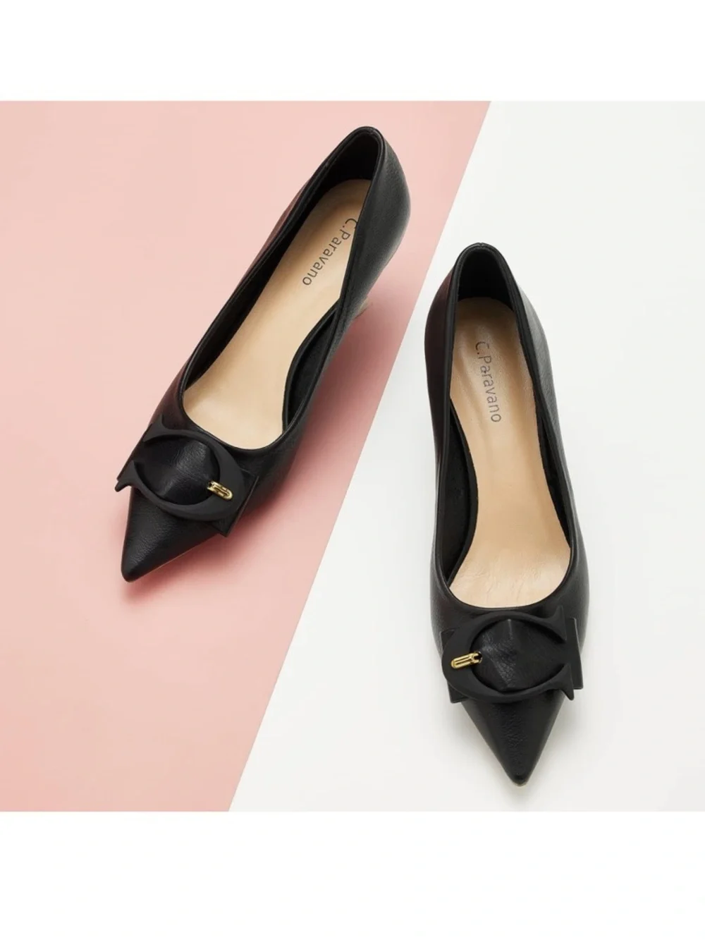 NEW C. Paravano Low Black Kitten Heel C-Shaped Buckle Size 39 US 8.5 New in Box